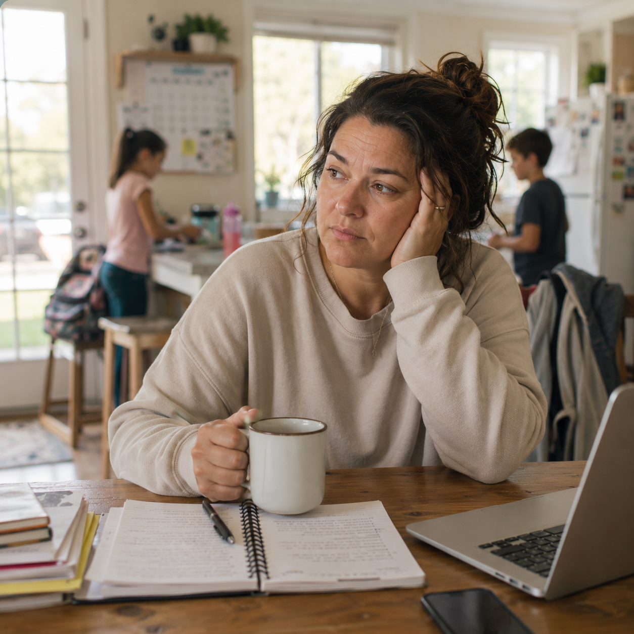 A tired mother sitting at the kitchen table with coffee, looking overwhelmed while her children are in the background
